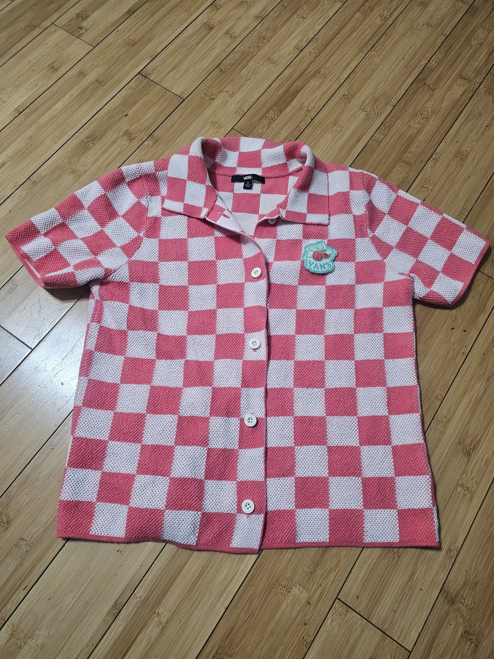 Vans Pink and White Knit Checkerboard Button-Down Top